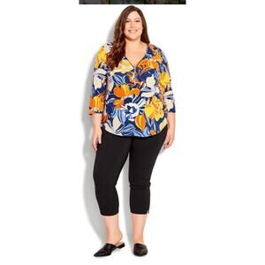 Evans Womens NEW Top  16 Blue Yellow Tropical Quarter Zip Elbow Sleeves V- Neck